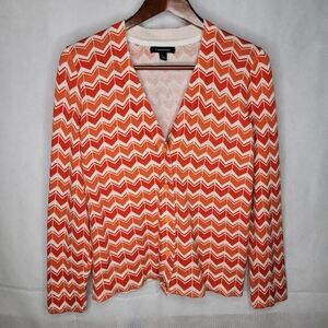 Lands End Cardigan Sweater Orange Chevron V-neck 1/2 Button Long Sleeve L